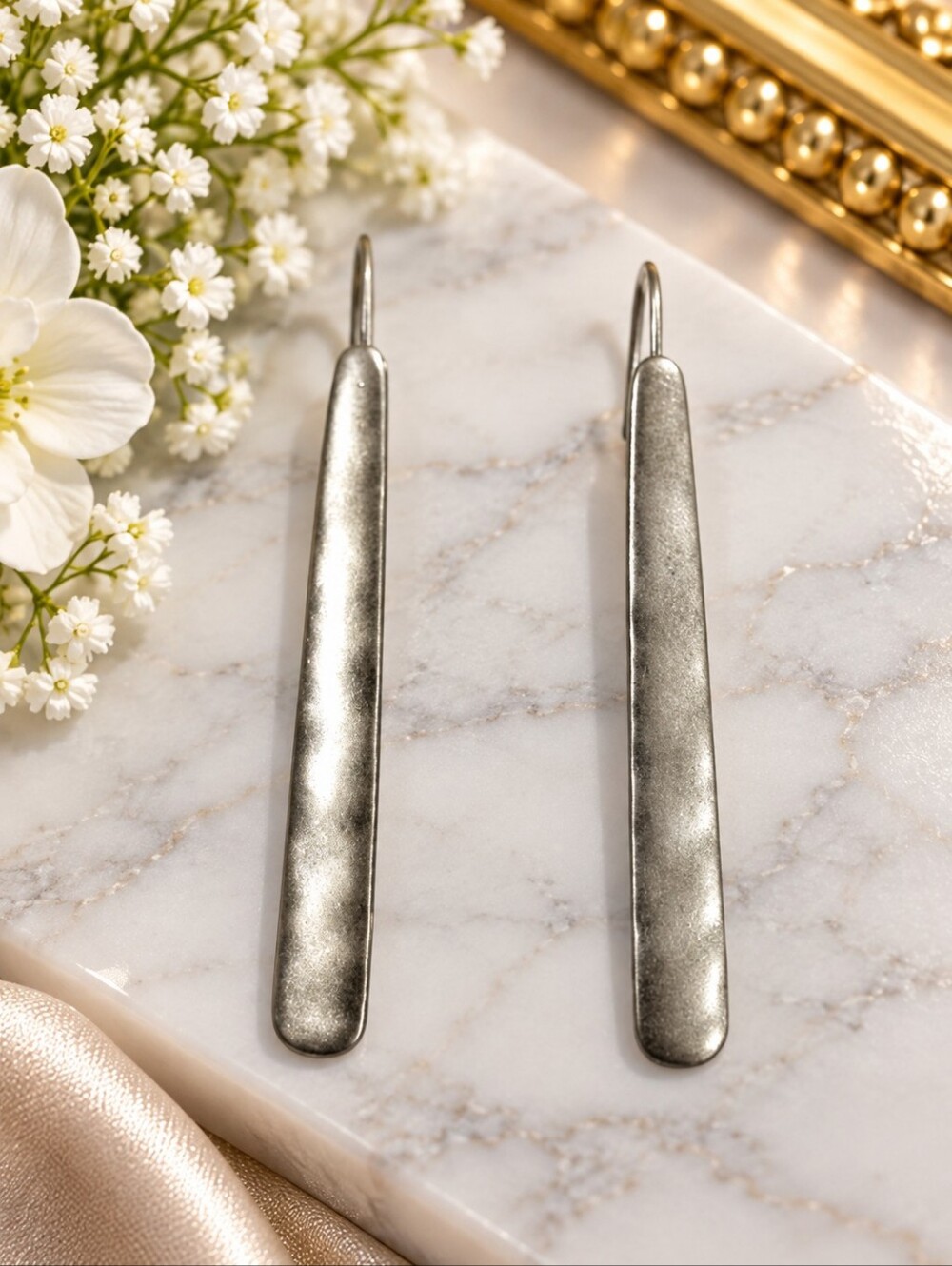 Silver Hammered Long Bar Drop Earrings Minimalist Dangle - Women Fashion Jewelry